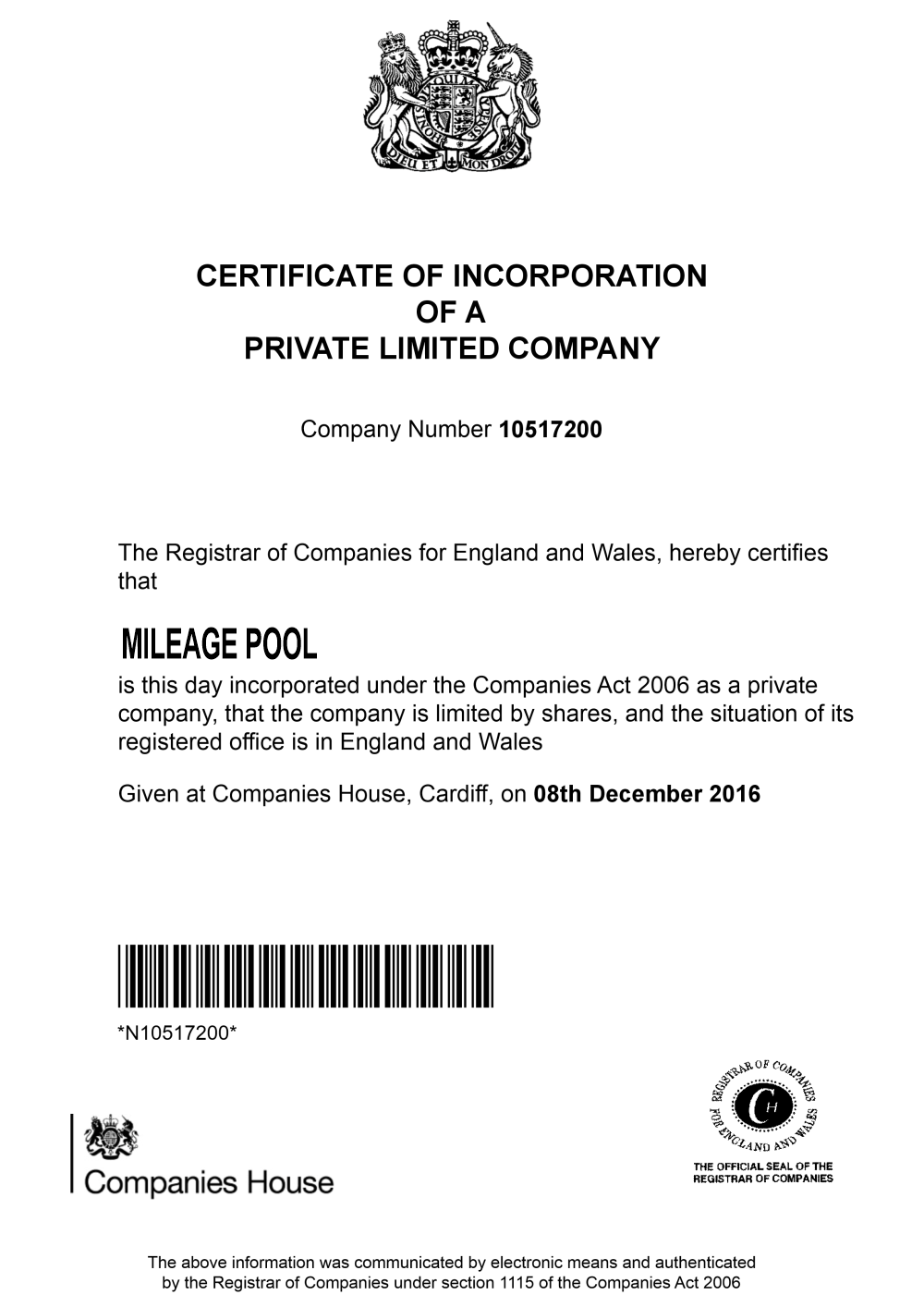 Mileage Pool Certificate